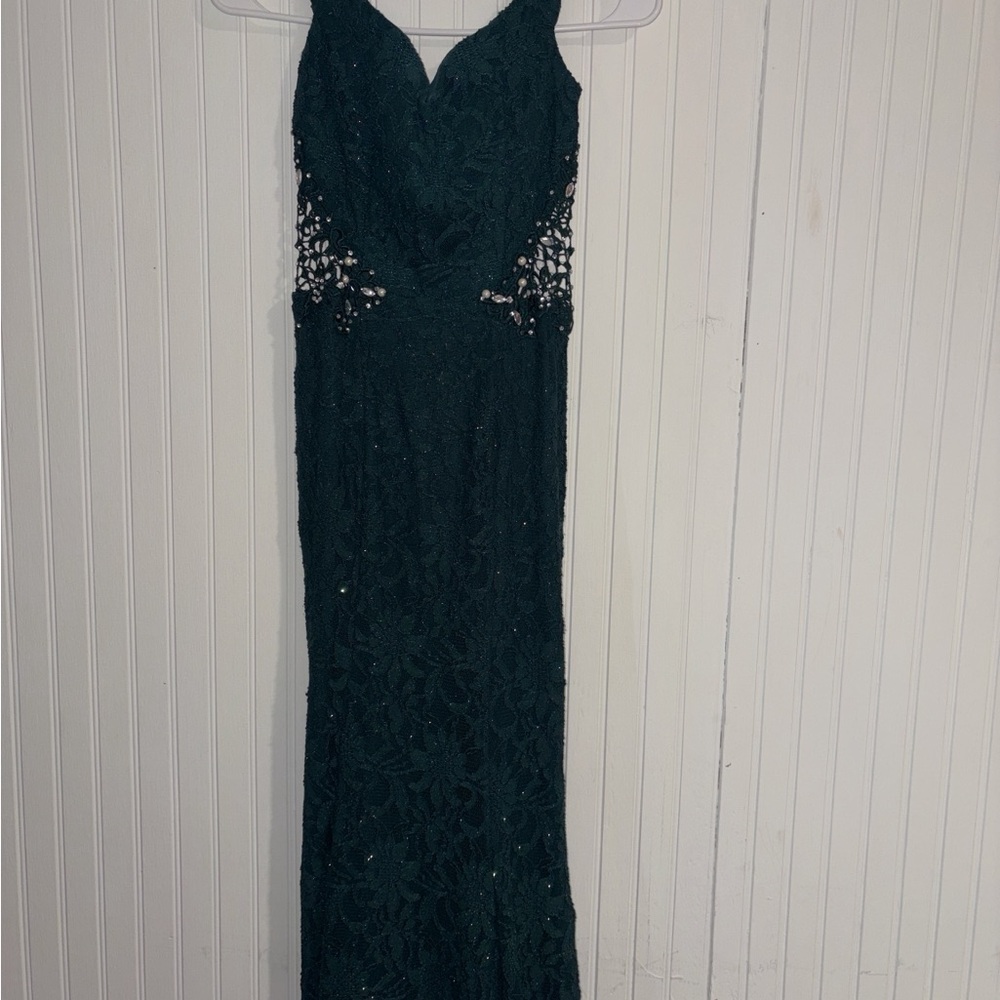 Jodi Kristopher Dark Green Lace Maxi Gown with Beaded Accents